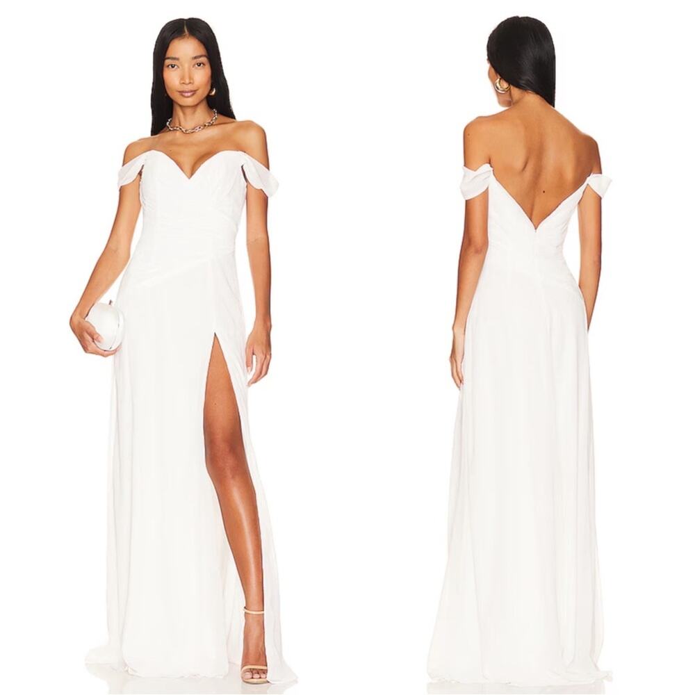 KATIE MAY Darcy Off the Shoulder Draped Ivory White Maxi Gown Size Medium
